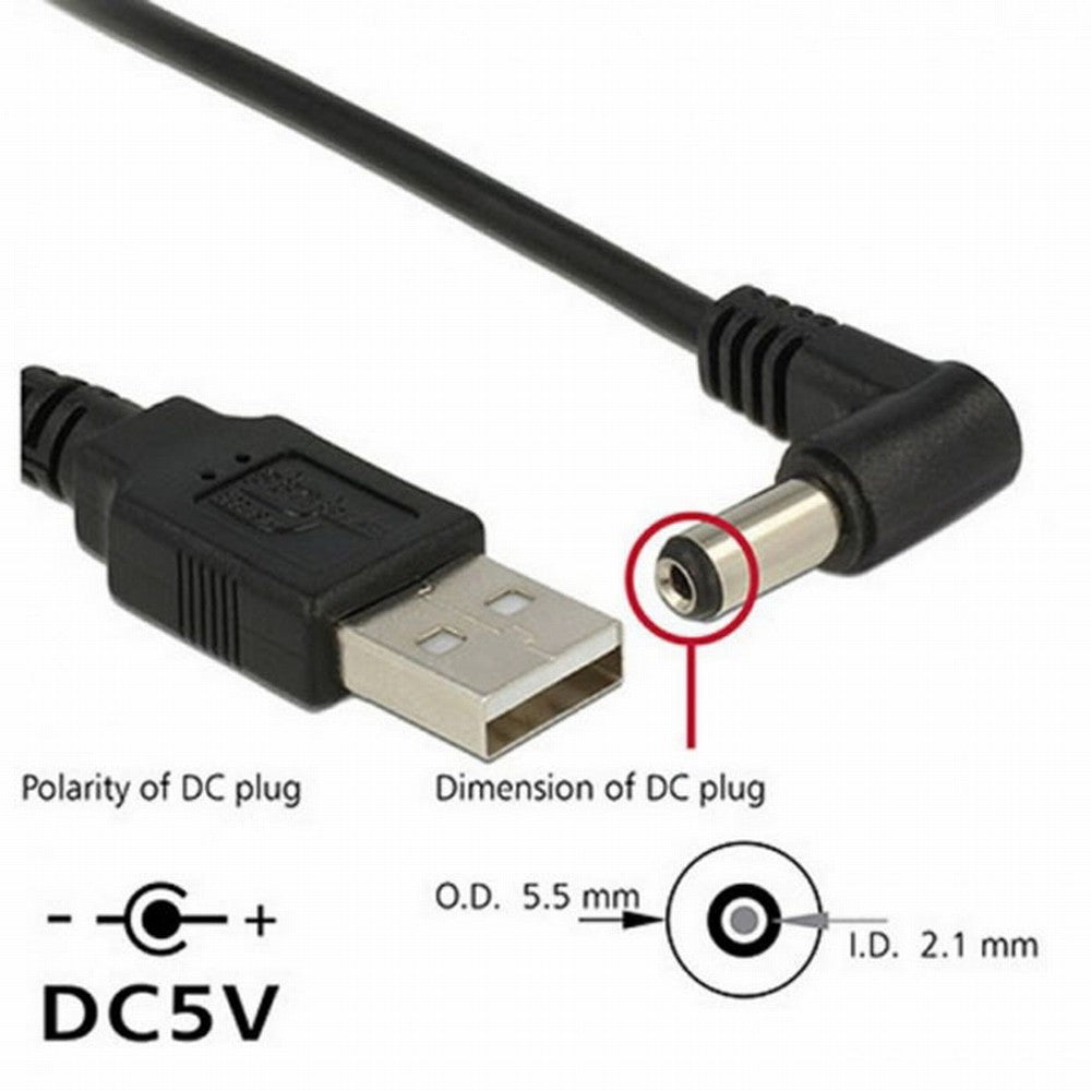 USB 2.0 A Type Male to Right Angled 90 Degree 5.5 x 2.1mm DC 5V Power Plug Barrel Connector Charge Cable U2-184-RI