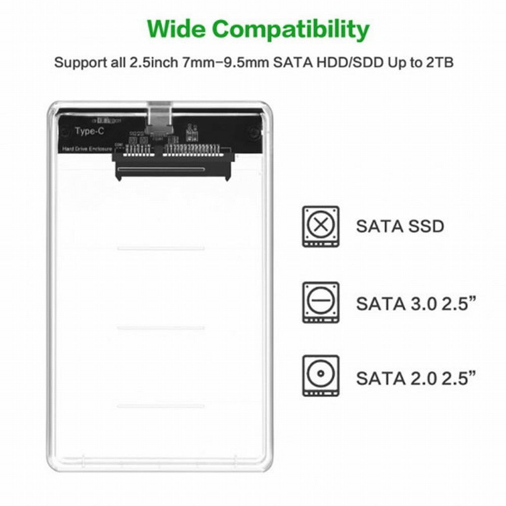USB-C Type-C to 2.5 Inch SATA SSD HDD External Enclosure Transparent for Laptop PC UC-079-WH