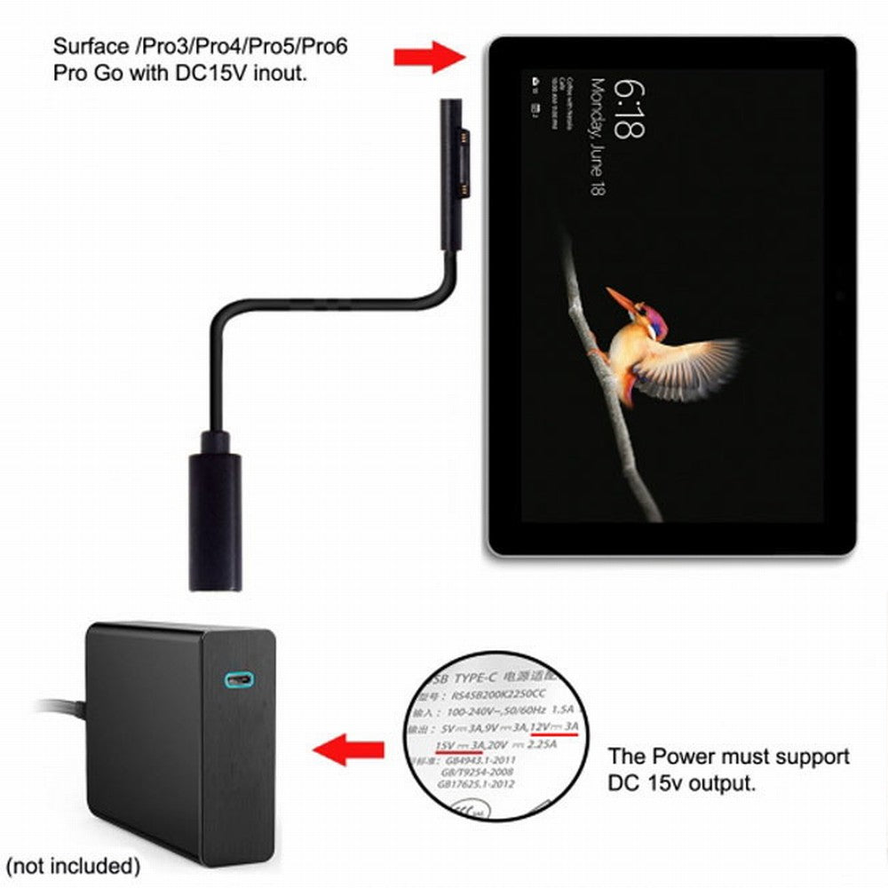 DC 15V Type-C USB-C Female to Surface Pro3 Pro4 Pro5 Pro6 Book Pro Charge Cable UC-109-SURFA3