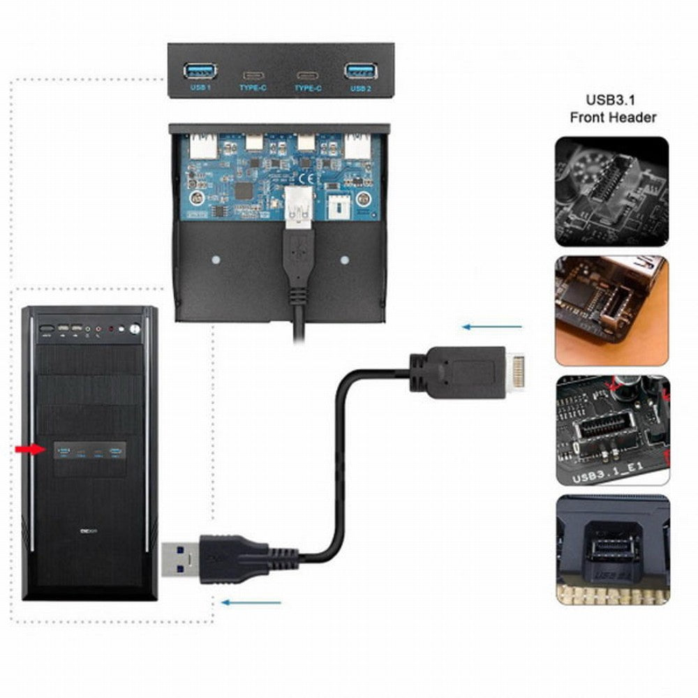 USB 3.1 Front Panel Header to USB-C USB 3.0 HUB 4 Ports Front Panel Motherboard Cable for 3.5" Floppy Bay UC-126