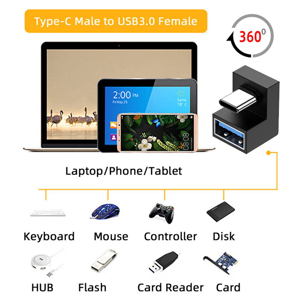 360 Degree Up Down Angled Type-C USB-C OTG to USB 3.0 Female Extension Adapter for Cell Phone Tablet UC-088
