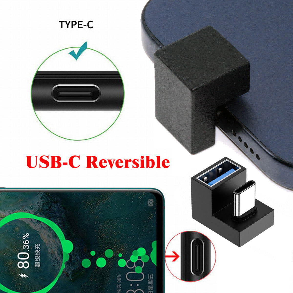 360 Degree Up Down Angled Type-C USB-C OTG to USB 3.0 Female Extension Adapter for Cell Phone Tablet UC-088