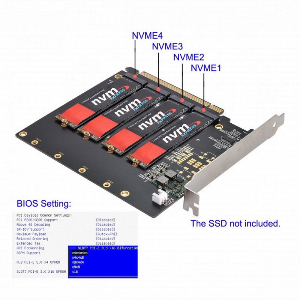 4X NVME M.2 AHCI to PCI-E Express 3.0 Gen3 X16 Raid Card with Fan VROC Raid0 Hyper Adapter SA-030
