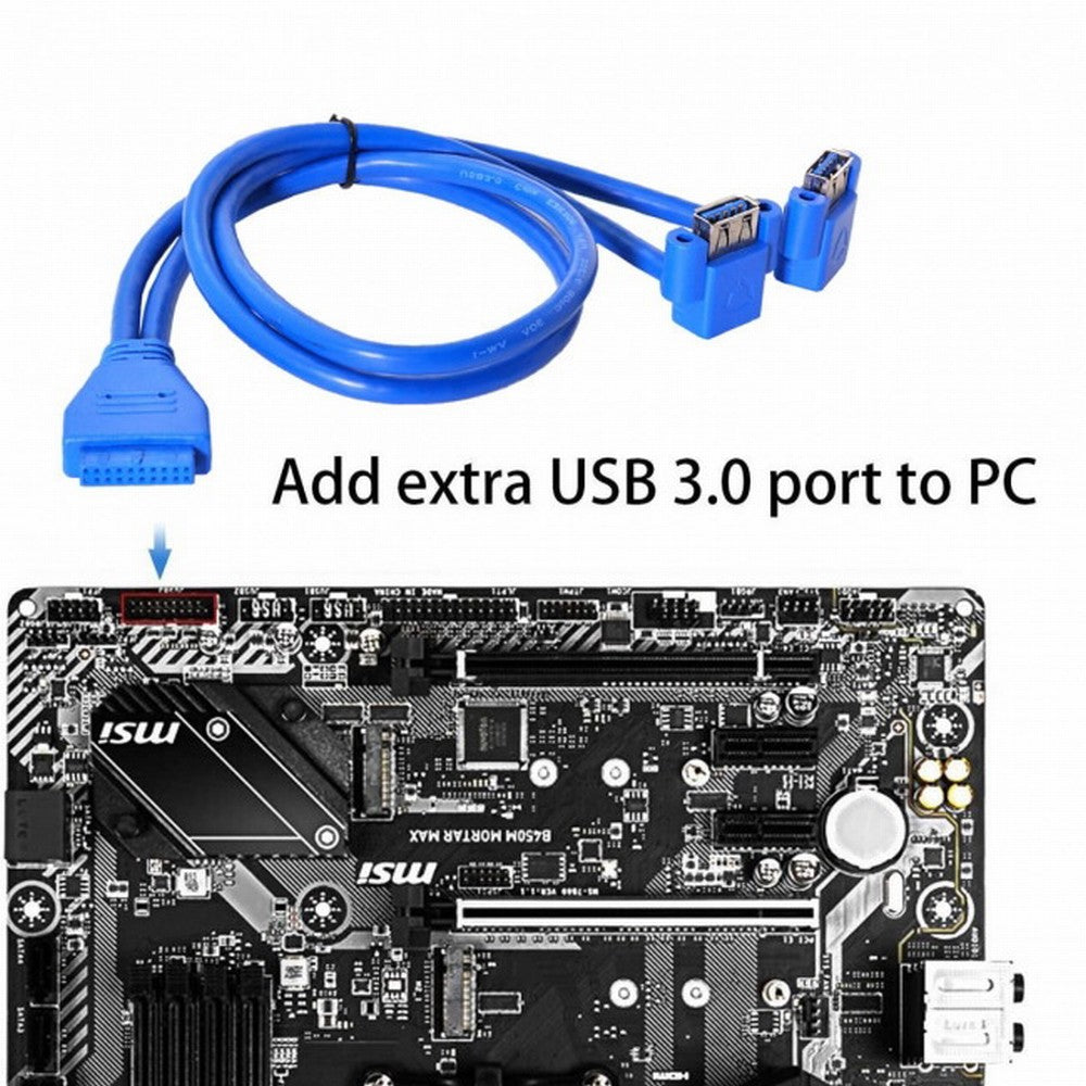 Up Angled USB 3.0 A Type Dual Female to Motherboard 20Pin 19 Pin Box Header Slot Panel Mount Cable 50cm U3-063