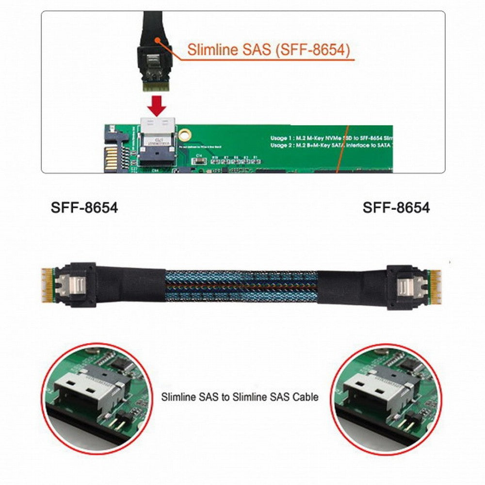 PCI-E Slimline SAS 4.0 SFF-8654 4i 38pin Host to SFF-8654 Slim SAS Target Cable 50cm SF-100