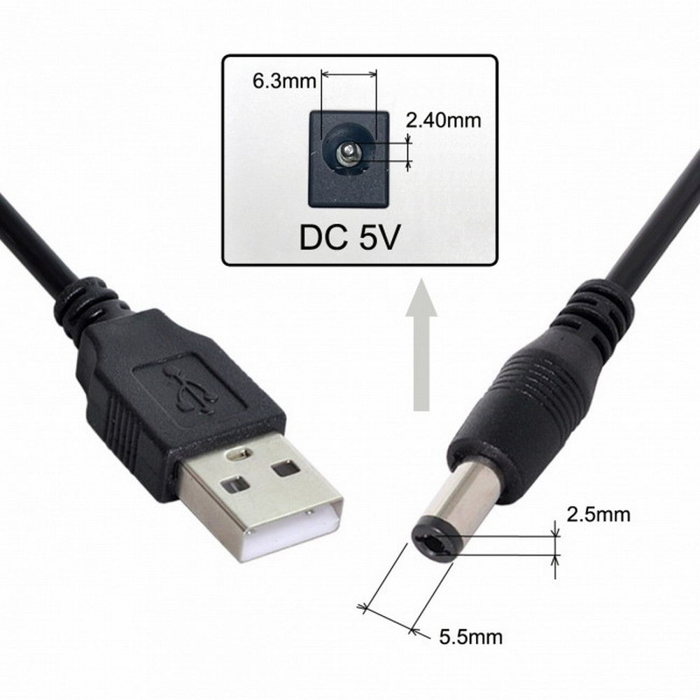 USB 2.0 A Type Male to 5.5 x 2.5mm DC 5V Power Plug Barrel Connector Charge Cable 100cm U2-154-BK