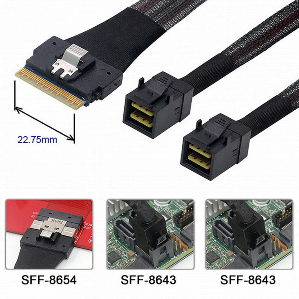 PCI-E Ultraport Slimline SAS Slim 4.0 SFF-8654 8i 74pin to Dual SFF-8643 4i Mini SAS HD Cable PCI-Express SF-010