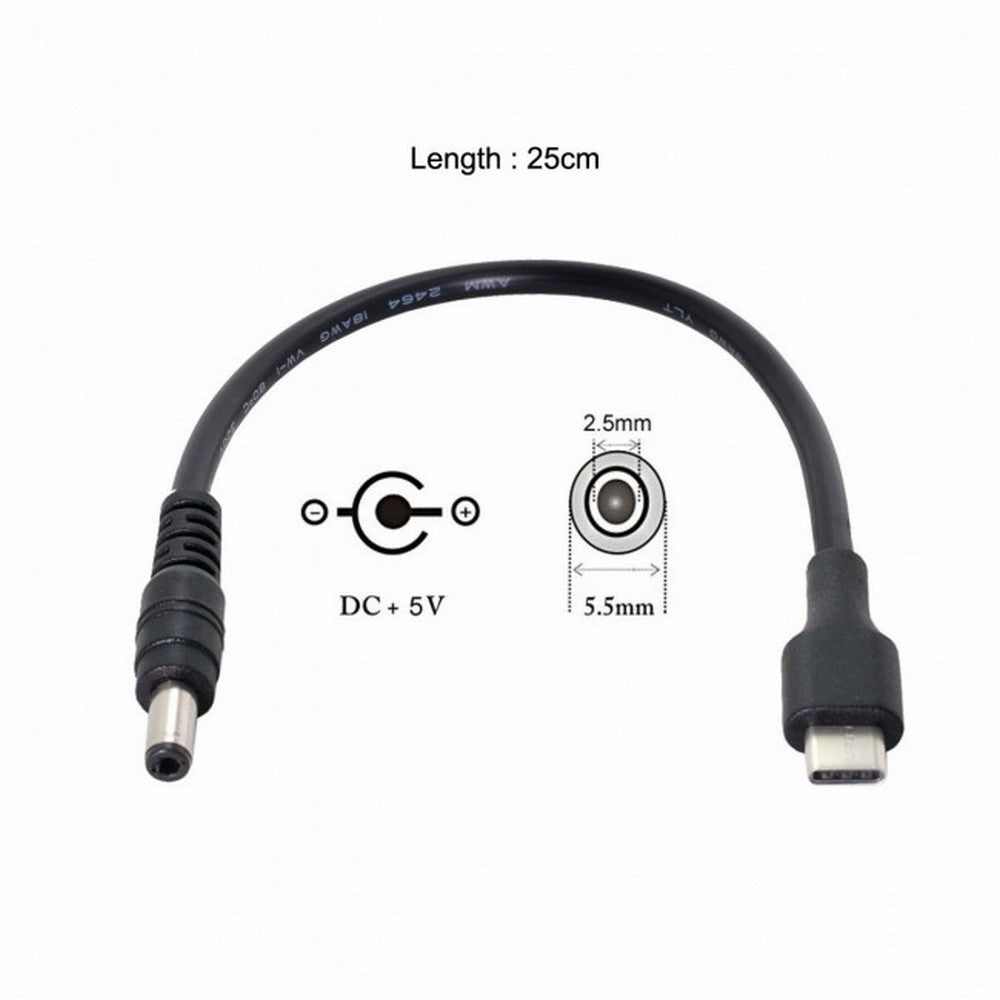 USB 3.1 Type C USB-C to 5V DC 5.5 2.5mm Power Plug Extension Charge Cable for Cell Phone 25cm UC-094