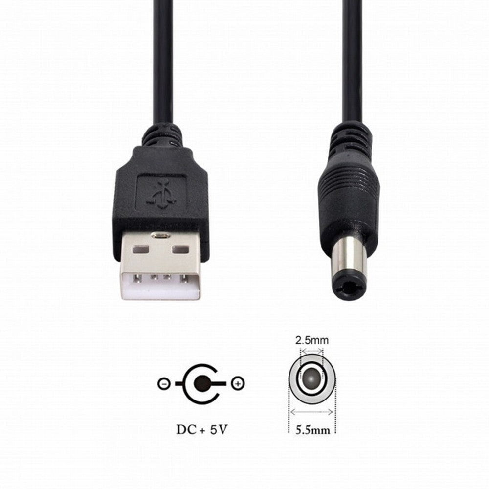 USB 2.0 A Type Male to 5.5 x 2.5mm DC 5V Power Plug Barrel Connector Charge Cable 100cm U2-154-BK