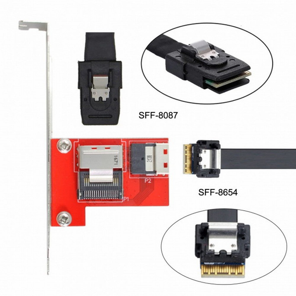 PCI-Express 4.0 Slimline SAS SFF-8654 to Mini SAS SFF-8087 PCBA Female Adapter With Bracket SF-045