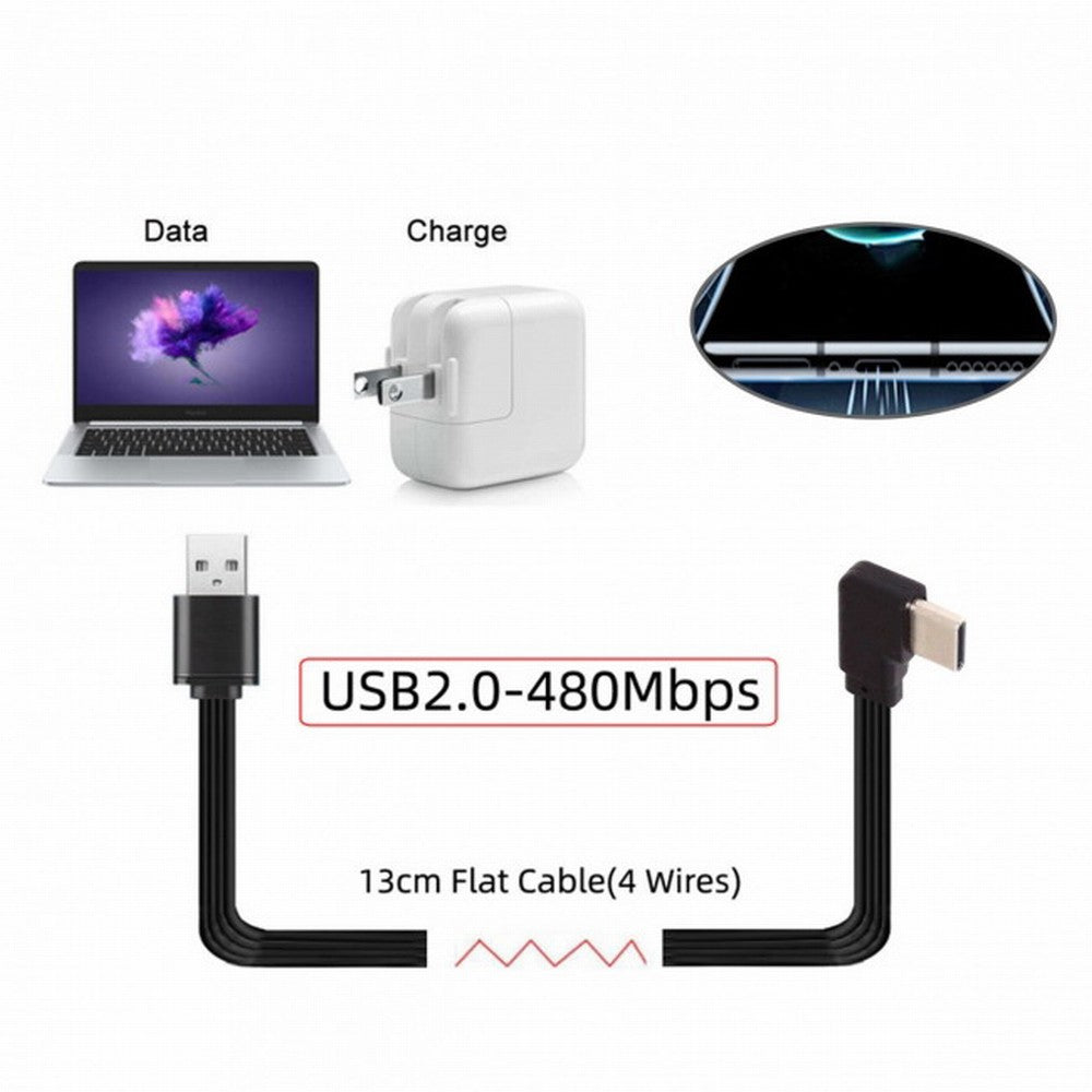 13cm USB 2.0 Type-A Male to USB-C Type-C Left Right Angled 90 Degree Data Flat Slim FPC Cable for FPV Disk Phone UC-096-RI-0.13M