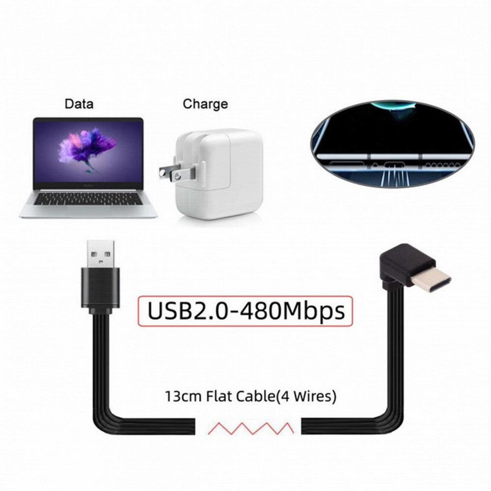 13cm USB 2.0 Type-A Male to USB-C Type-C Up Down Angled 90 Degree Data Flat Slim FPC Cable for FPV Disk Phone UC-096-UP-0.13M