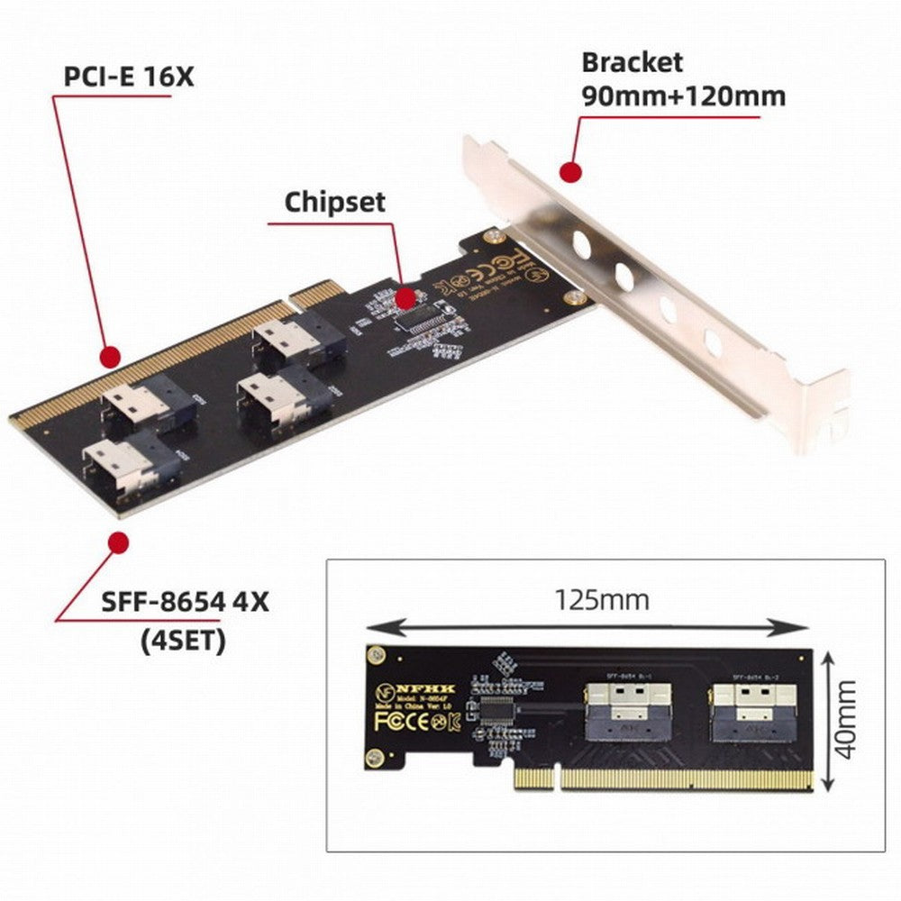 Four Slimline SFF-8654 4X 4 NVME to PCIE Express 3.0 4.0 Raid Card VROC Raid0 Hyper Adapter SA-016-4P