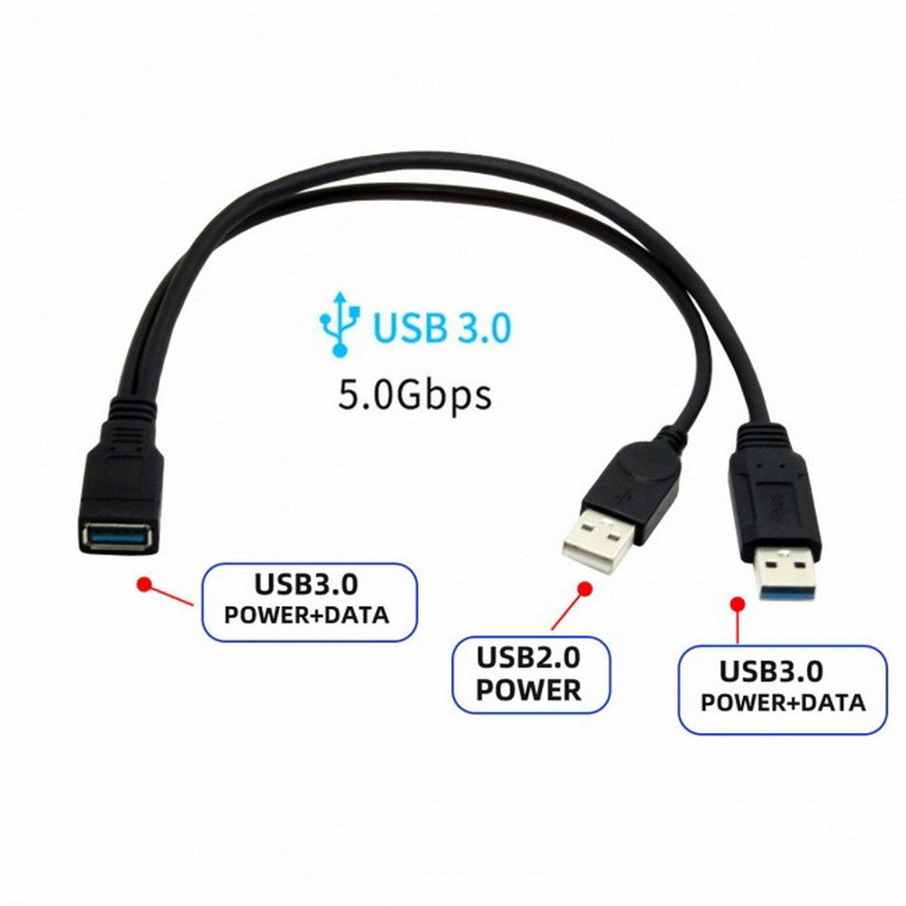 Black USB 3.0 Female to Dual USB Male Extra Power Data Y Extension Cable for 2.5" Mobile Hard Disk U3-065