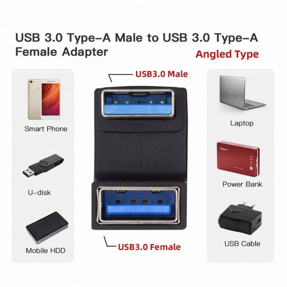10Gbps USB3.0 Male to Female Extension Power Data Video Adapter Opposite U Shape Back Angled U3-018-OS