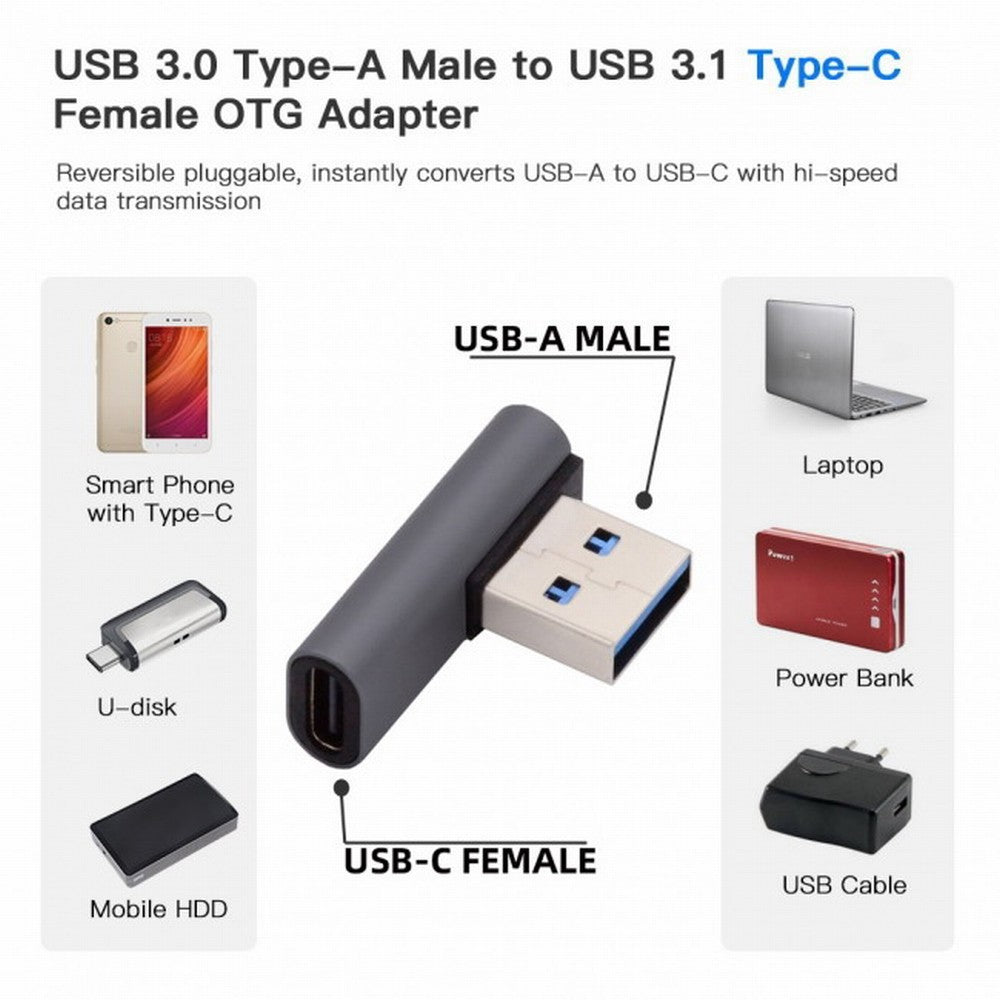 USB-C Type C Female Low Profile 90 Degree Left Angled to USB 3.0 A Male Data Adapter for Laptop Desktop UC-067-LP