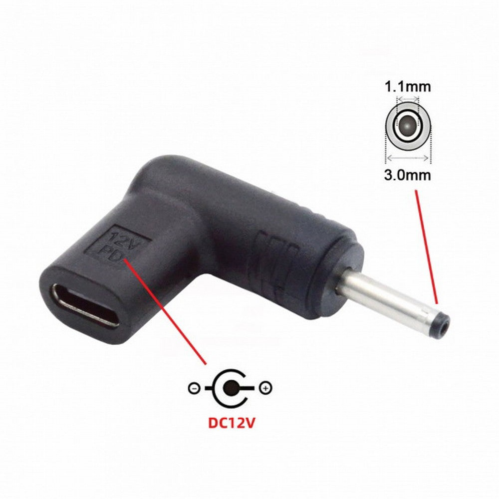 USB 3.1 Type C USB-C Female to DC 12V 3.0x1.1mm Plug Adapter PD Emulator Trigger 90 Degree Angled UC-090-3011MM