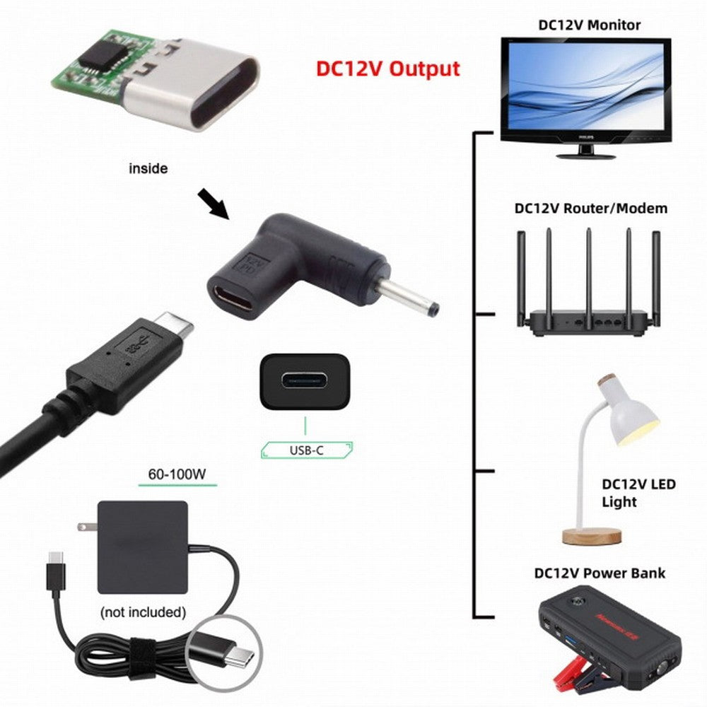 USB 3.1 Type C USB-C Female to DC 12V 3.0x1.1mm Plug Adapter PD Emulator Trigger 90 Degree Angled UC-090-3011MM