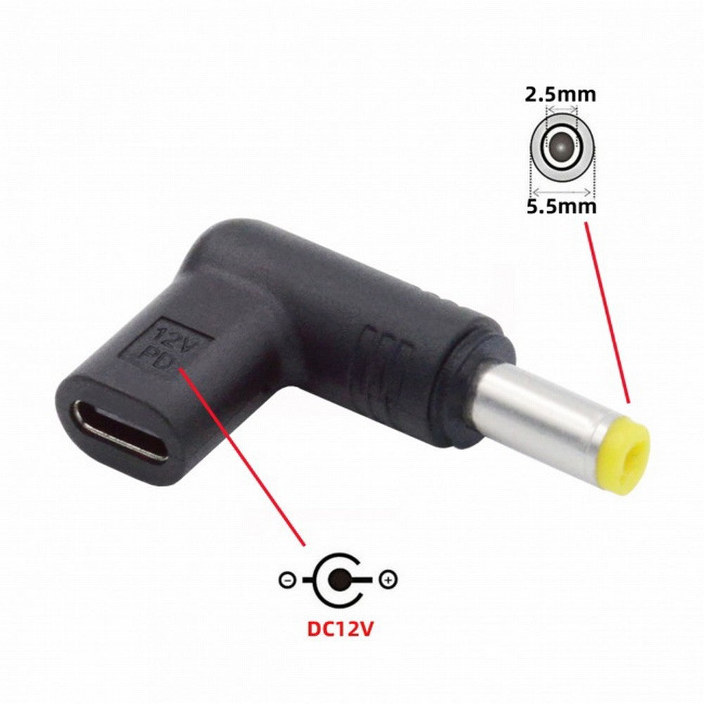 USB 3.1 Type C USB-C Female to DC 12V 5.5x2.5mm Plug Adapter PD Emulator Trigger 90 Degree Angled UC-090-5525MM