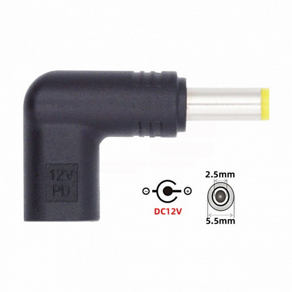 USB 3.1 Type C USB-C Female to DC 12V 5.5x2.5mm Plug Adapter PD Emulator Trigger 90 Degree Angled UC-090-5525MM