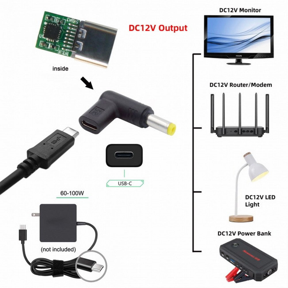 USB 3.1 Type C USB-C Female to DC 12V 5.5x2.5mm Plug Adapter PD Emulator Trigger 90 Degree Angled UC-090-5525MM