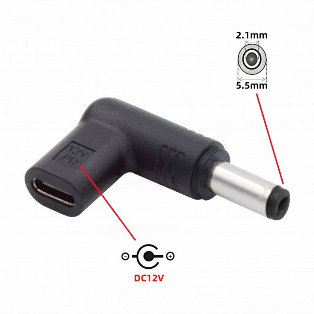 USB 3.1 Type C USB-C Female to DC 12V 5.5x2.1mm Plug Adapter PD Emulator Trigger 90 Degree Angled UC-090-5521MM