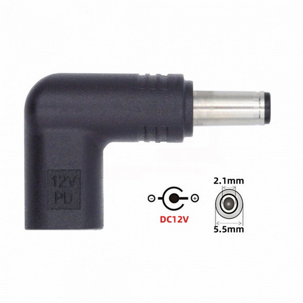 USB 3.1 Type C USB-C Female to DC 12V 5.5x2.1mm Plug Adapter PD Emulator Trigger 90 Degree Angled UC-090-5521MM