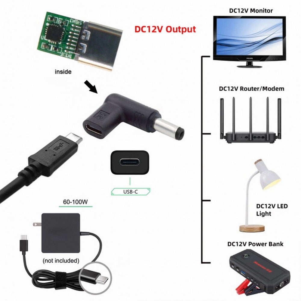 USB 3.1 Type C USB-C Female to DC 12V 5.5x2.1mm Plug Adapter PD Emulator Trigger 90 Degree Angled UC-090-5521MM