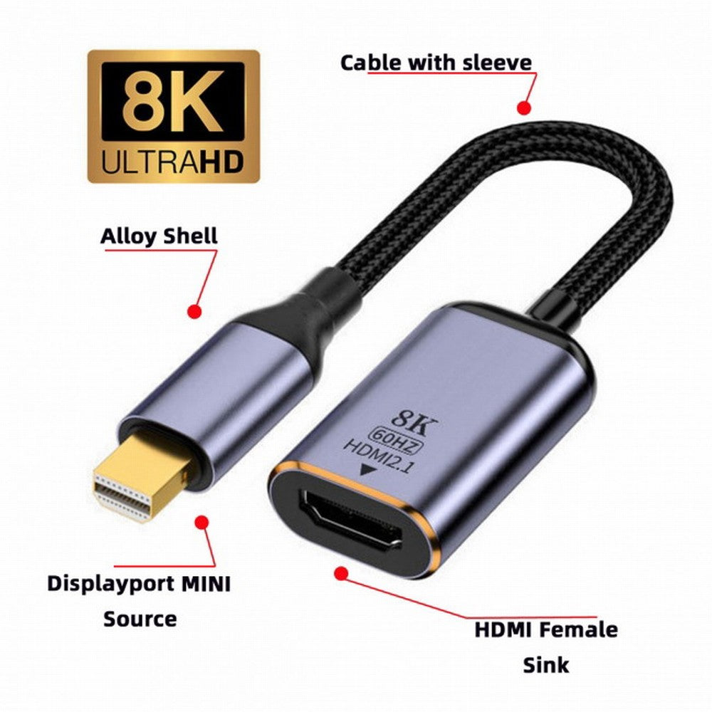 Mini DisplayPort 1.4 Source to HDMI 2.0 Display 8K 60hz UHD 4K MINI-DP to HDMI Female Monitor Adapter Cable DP-056-MDP