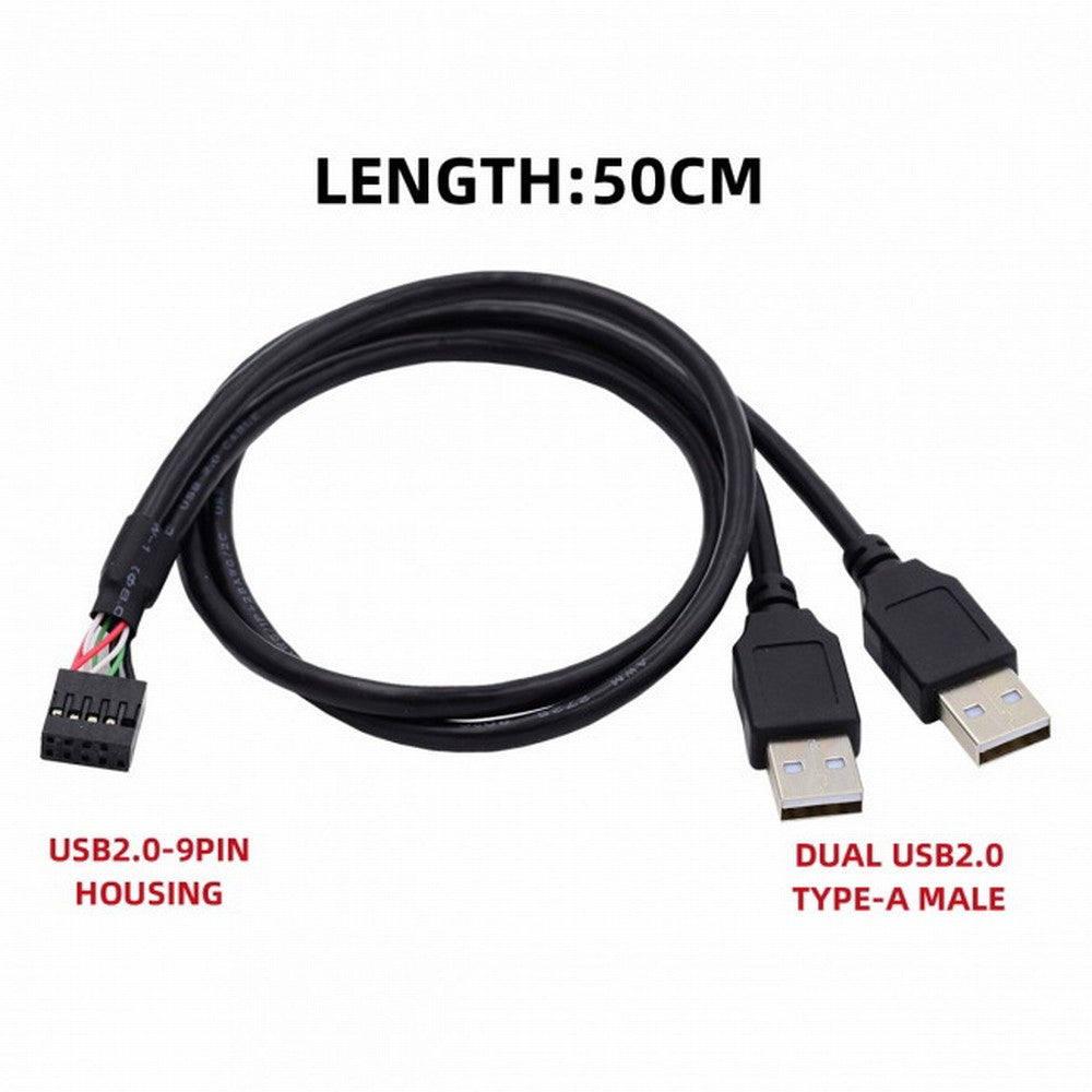 Motherboard 9Pin 10Pin Female Housing to Dual USB 2.0 Male Type-A Cable 50cm U2-128