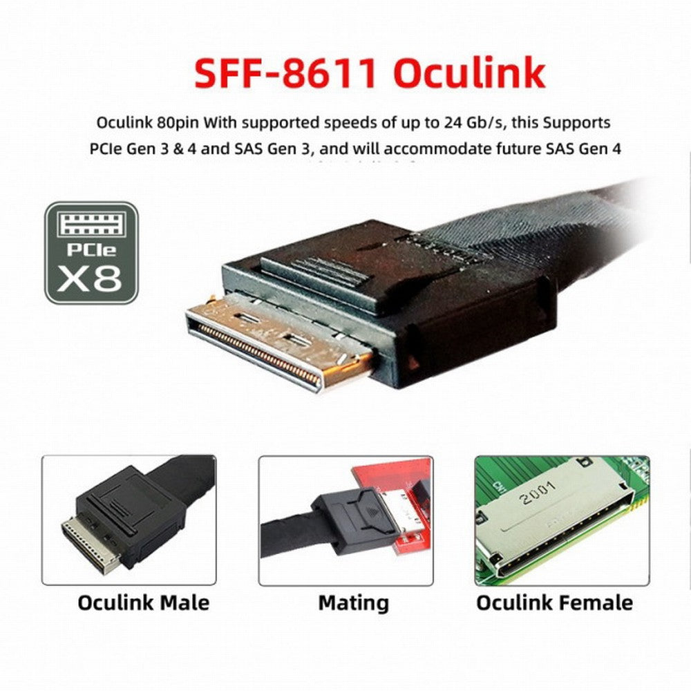 OCuLink PCIe PCI-Express SFF-8611 8x 8-Lane to Dual SFF-8611 Oculink 4x SSD Data Active Cable 50cm SF-054