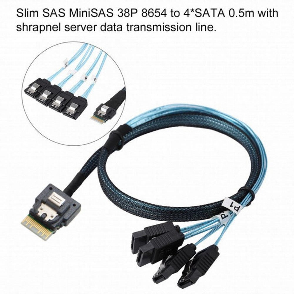 Slim Line SAS 4.0 SFF-8654 4i 38pin Host to 4 SATA 7pin Target Hard Disk Fanout Raid Cable 50cm SF-103