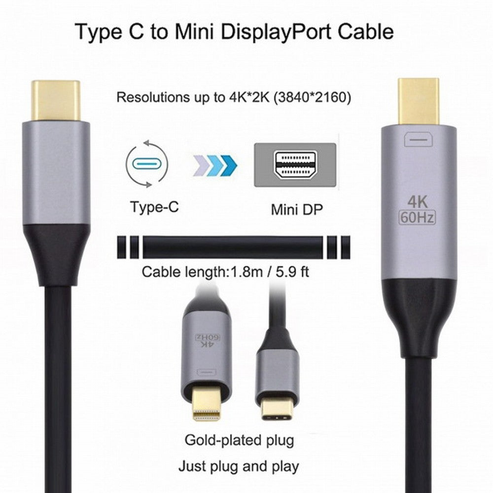 USB 3.1 Type C USB-C Source to Mini DisplayPort DP Displays Male 4K Monitor Cable for Laptop 1.8m UC-018-MDP