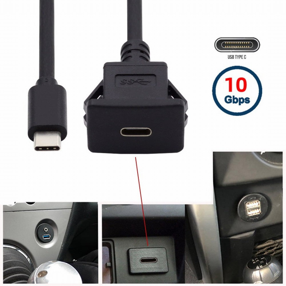 Waterproof Dustproof USB-C Type-C USB 3.1 10Gbps Extension Flush Car Latch Mount Extension Cable for Dashboard Panel UC-021-1.0M