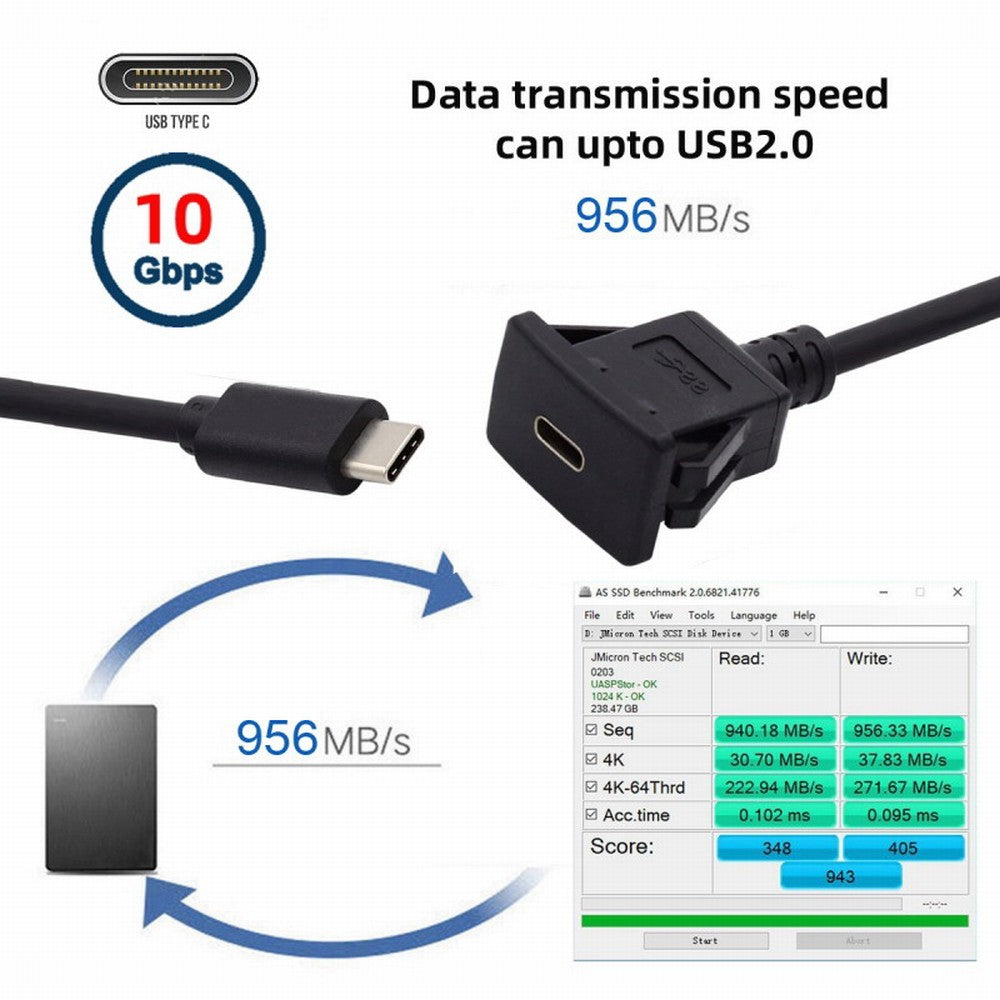 Waterproof Dustproof USB-C Type-C USB 3.1 10Gbps Extension Flush Car Latch Mount Extension Cable for Dashboard Panel UC-021-1.0M
