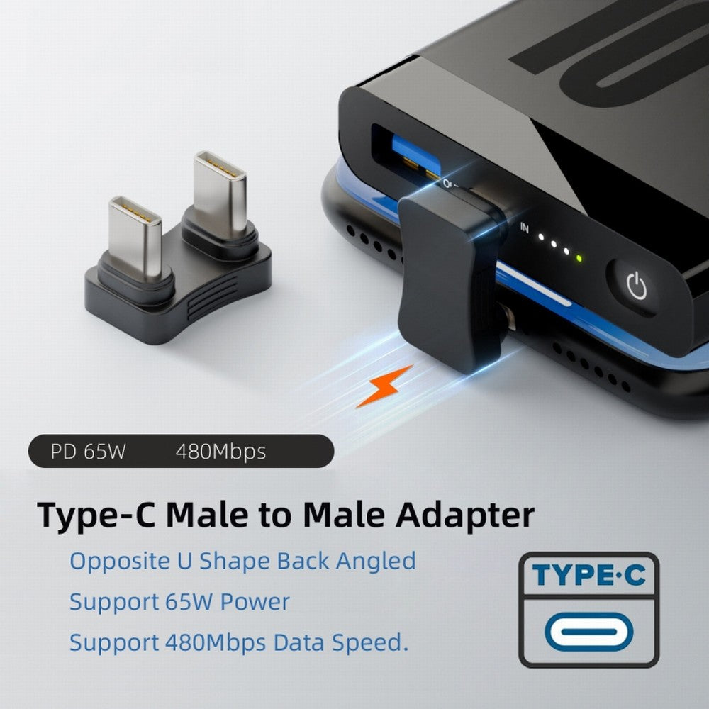 480Mbps USB-C Type C Male to Male Coupler Extender Power Data Adapter Opposite U Shape Back Angled for Power Bank Phone Laptop UC-009-MM