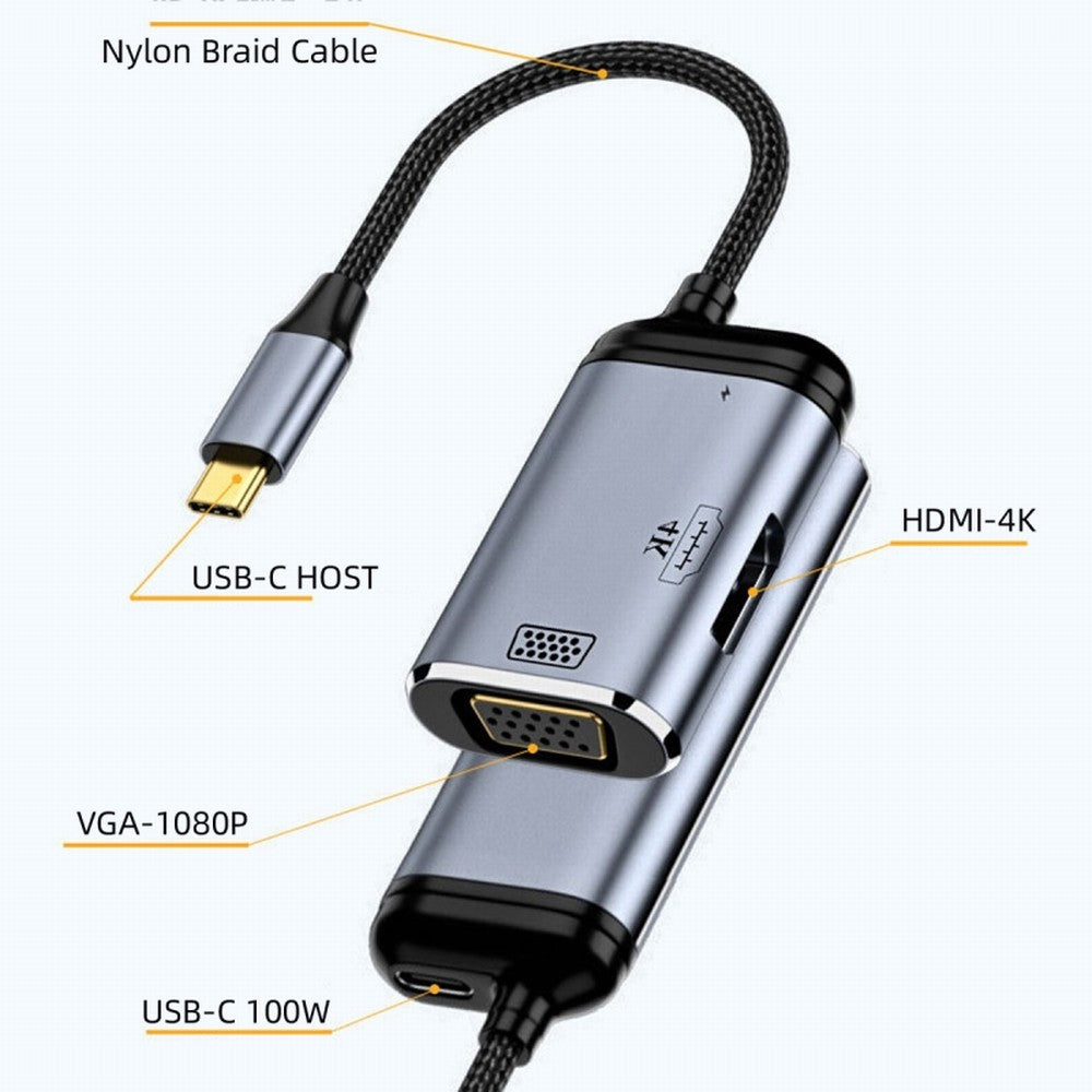 USB-C Type C to HDMI VGA Converter HDTV Multiport Displays Adapter 4K 60hz 1080p with Female PD 100W Power Port UC-027-Y001