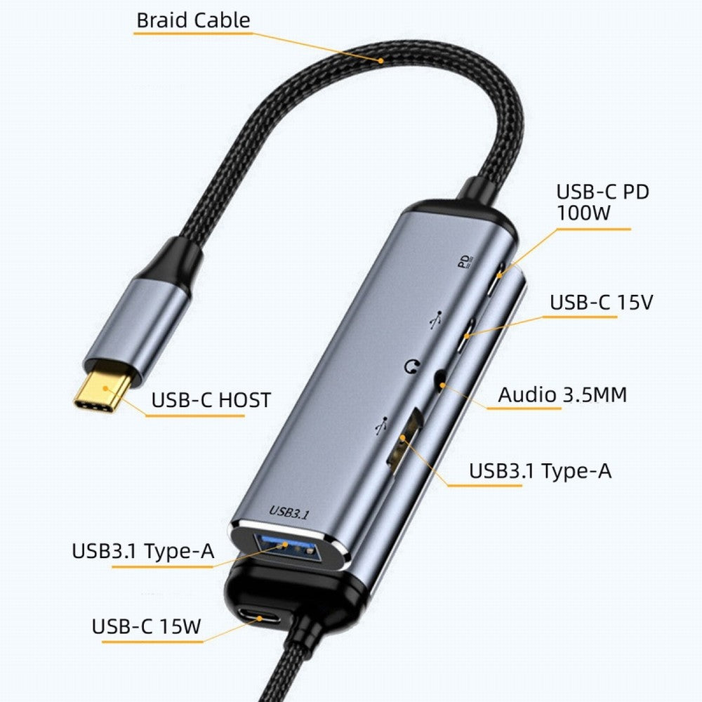 USB-C Type-C to Audio 3.5MM Dual USB 3.0 HUB Converter Multiport Adapter with Female 100W PD Power Port UC-027-Y003