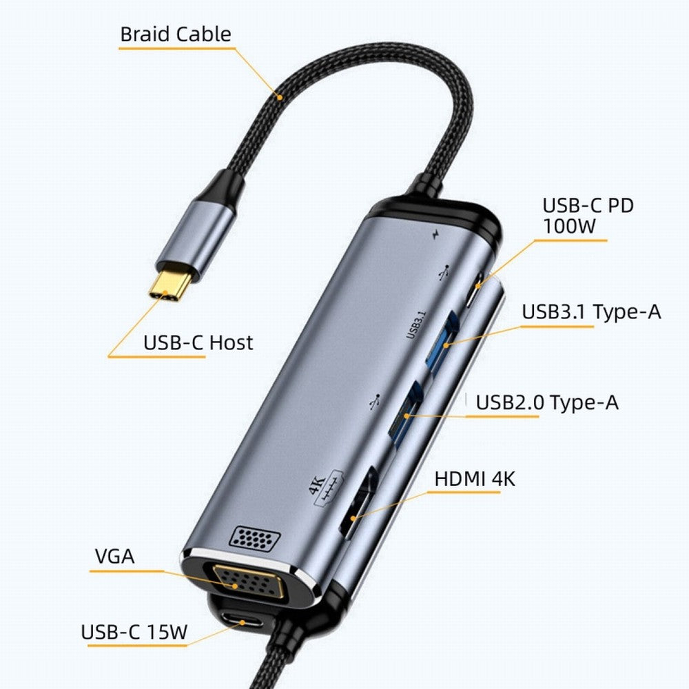 USB-C Type C to HDMI VGA Dual USB 3.0 HUB Converter HDTV Multiport Adapter 4K 60hz 1080p with Female PD 100W Power Port UC-027-Y002