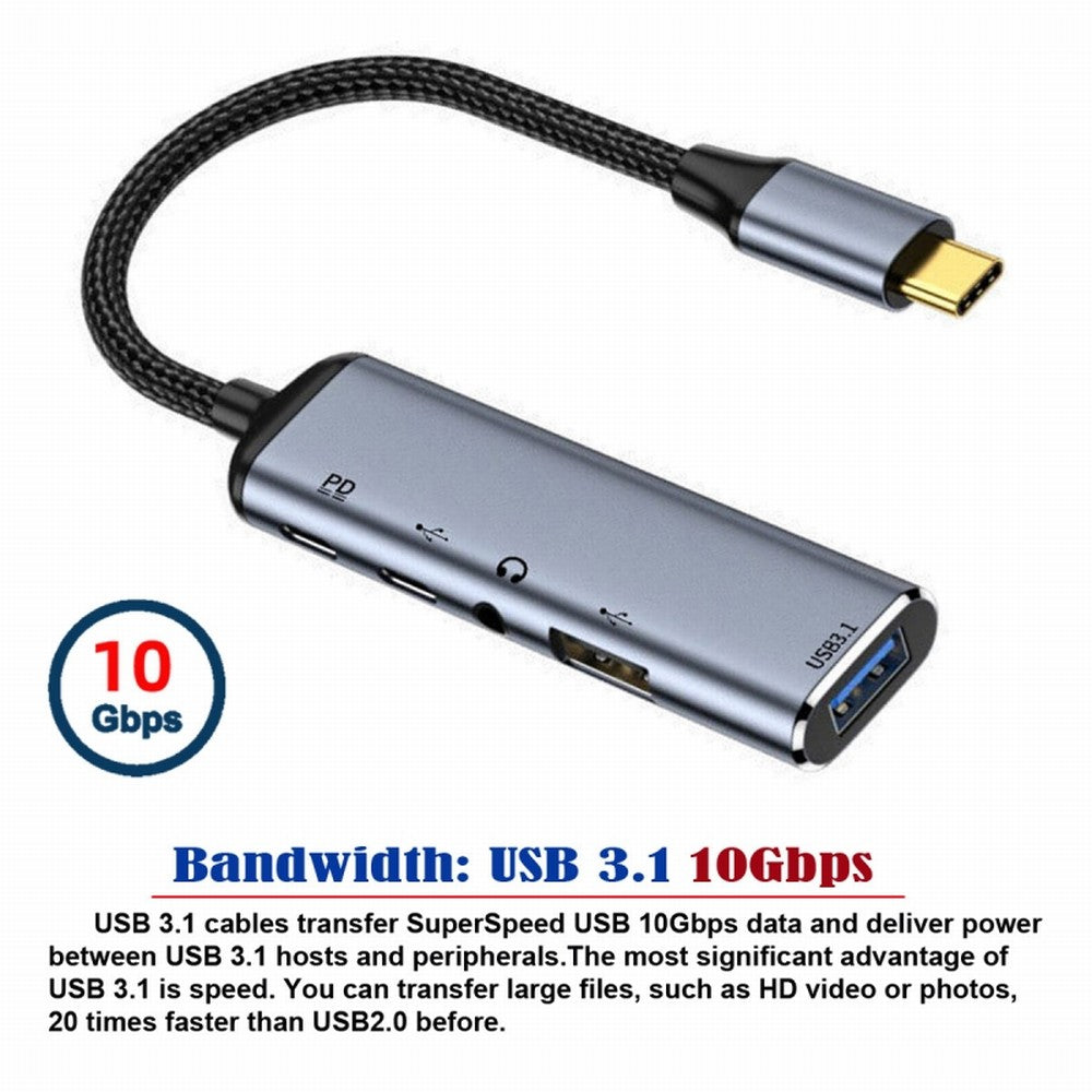 USB-C Type-C to Audio 3.5MM Dual USB 3.0 HUB Converter Multiport Adapter with Female 100W PD Power Port UC-027-Y003
