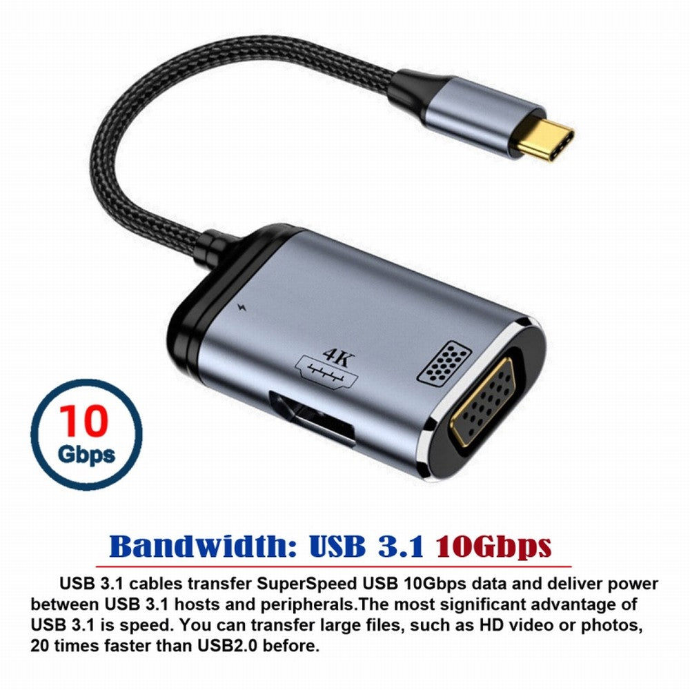 USB-C Type C to HDMI VGA Converter HDTV Multiport Displays Adapter 4K 60hz 1080p with Female PD 100W Power Port UC-027-Y001