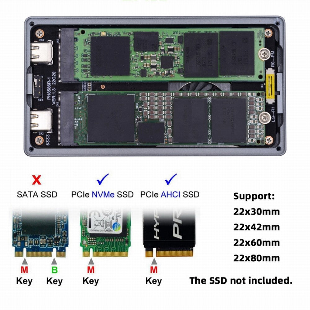 Dual NVME M.2 NGFF M-Key to USB-C Type-C Raid0 Raid1 JBOD Big Enclosure 20Gbps with Fan Raid0 Hyper Adapter UC-031