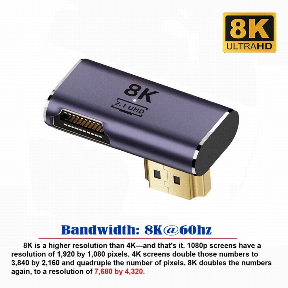 HDMI Male to HDMI 2.1 Female Vertical 90 Degree Left Down Angled Low Profile UHD Extension Adapter Support 8K 60hz HDTV HD-011-A8K09