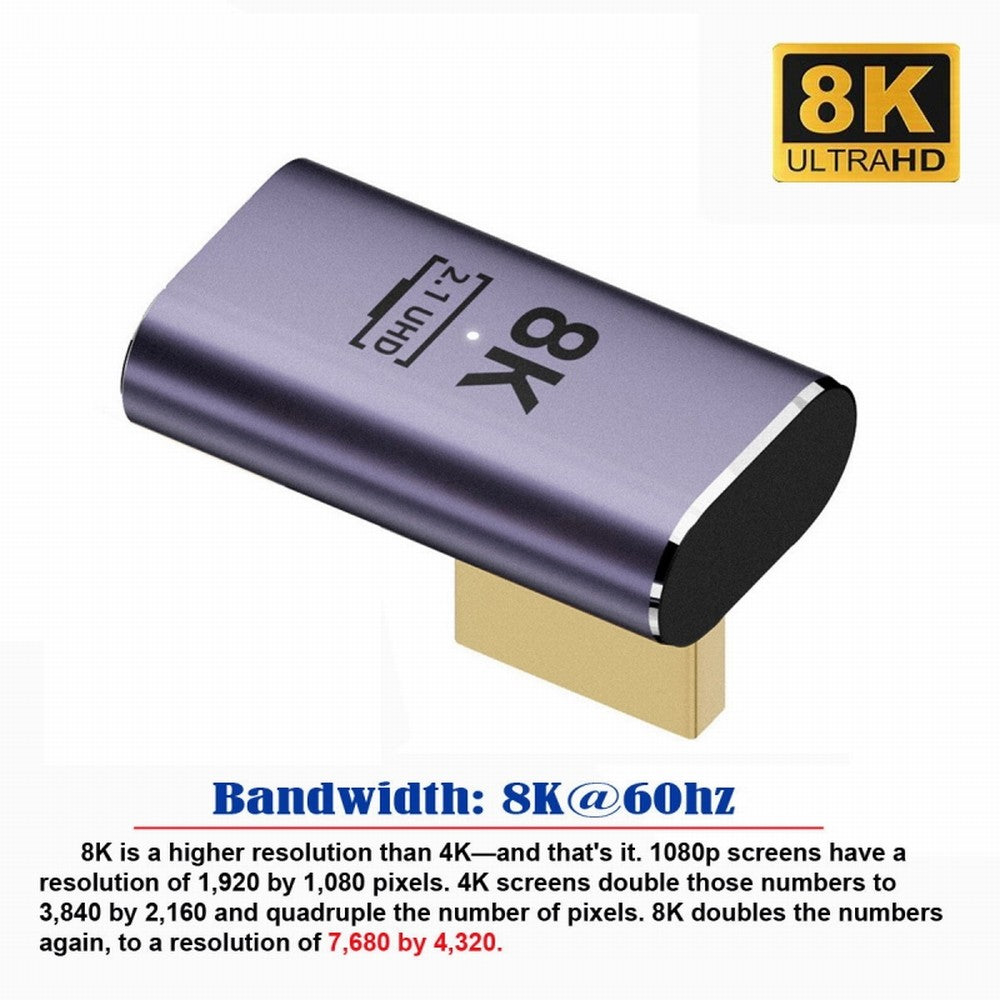 HDMI Male to HDMI 2.1 Female Vertical 90 Degree Left Angled Low Profile UHD Extension Adapter Support 8K 60hz HDTV HD-011-A8K10