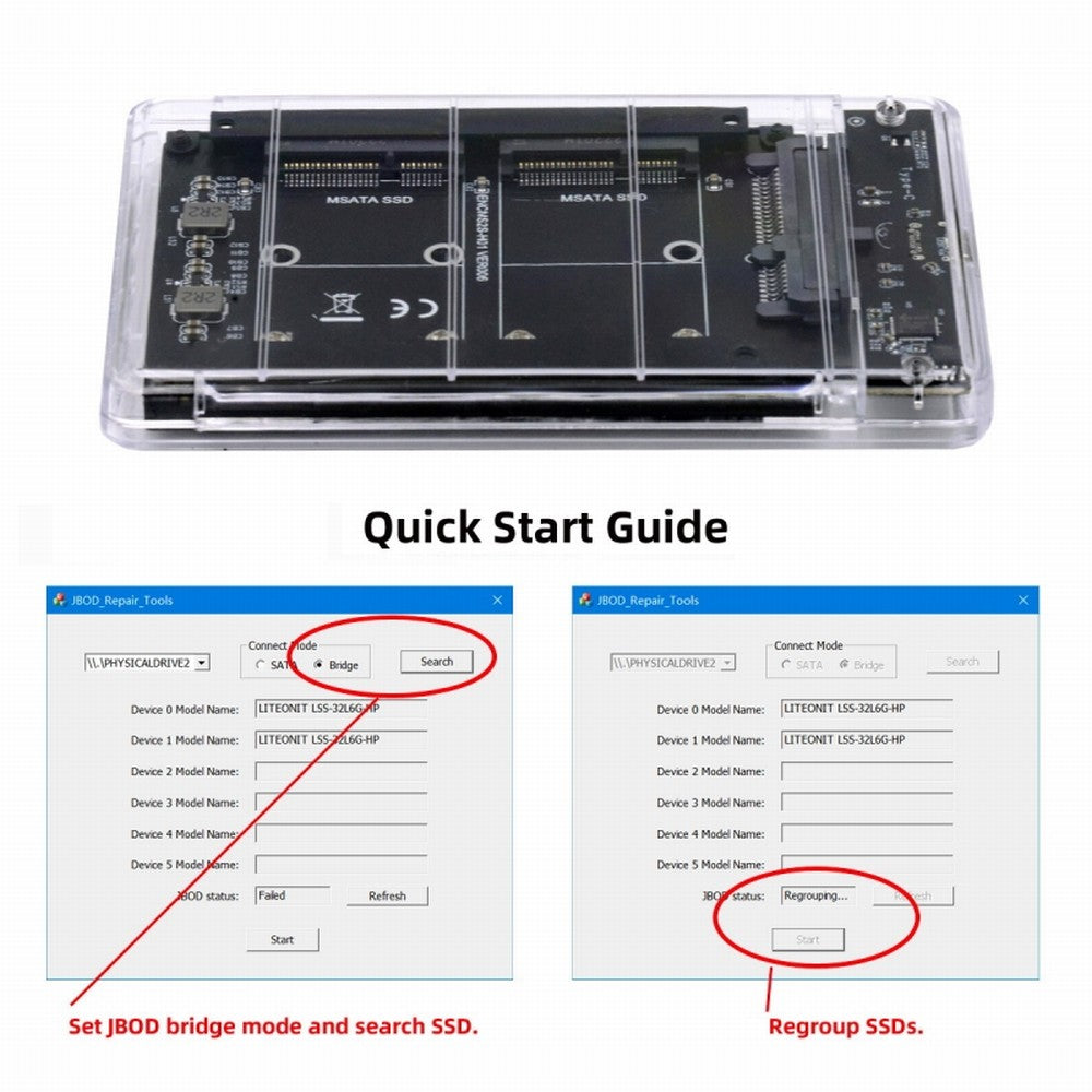Dual MSATA Mini-SATA SSD Card JBOD Raid0 Span Bridge to USB3.0 Type-C USB-C 2.5inch SATA Combo Enclosure SA-049+UC-079-WH