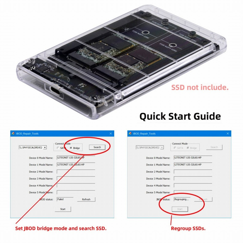 Dual NGFF B+M-Key M.2 SSD Card JBOD Raid0 Span Bridge to USB3.0 Type-C USB-C 2.5inch SATA Combo Enclosure SA-031+UC-079-WH