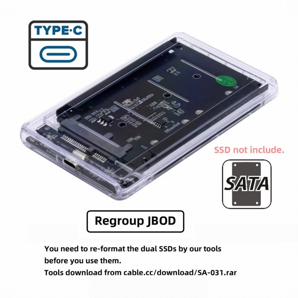 Dual NGFF B+M-Key M.2 SSD Card JBOD Raid0 Span Bridge to USB3.0 Type-C USB-C 2.5inch SATA Combo Enclosure SA-031+UC-079-WH