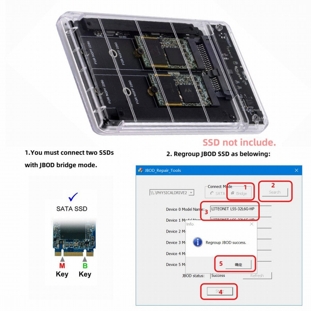 Dual NGFF B+M-Key M.2 SSD Card JBOD Raid0 Span Bridge to USB3.0 Type-C USB-C 2.5inch SATA Combo Enclosure SA-031+UC-079-WH