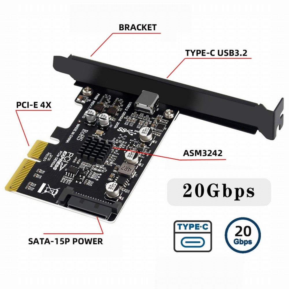 USB 3.2 Gen2 Type-C 20Gbps USB-C to PCI-E 4X Express Card Adapter for Desktop Motherboard UC-104-CF