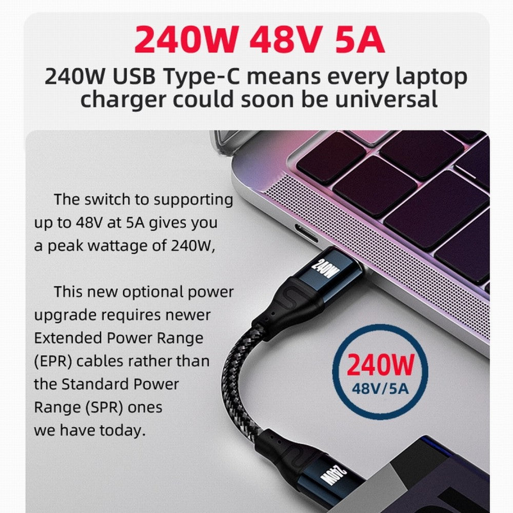 USB-C 240W Type-C Cable 480Mbps 48V 5A Compatible with USB2.0 100W Charging for Laptop Tablet Phone CC-UC-132-BK